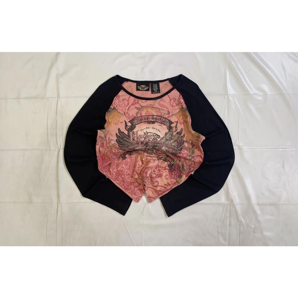 Harley Davidson Womens Pink Raglan Long Sleeve Eagle Graphic Rhinestone Top M - Picture 8 of 9